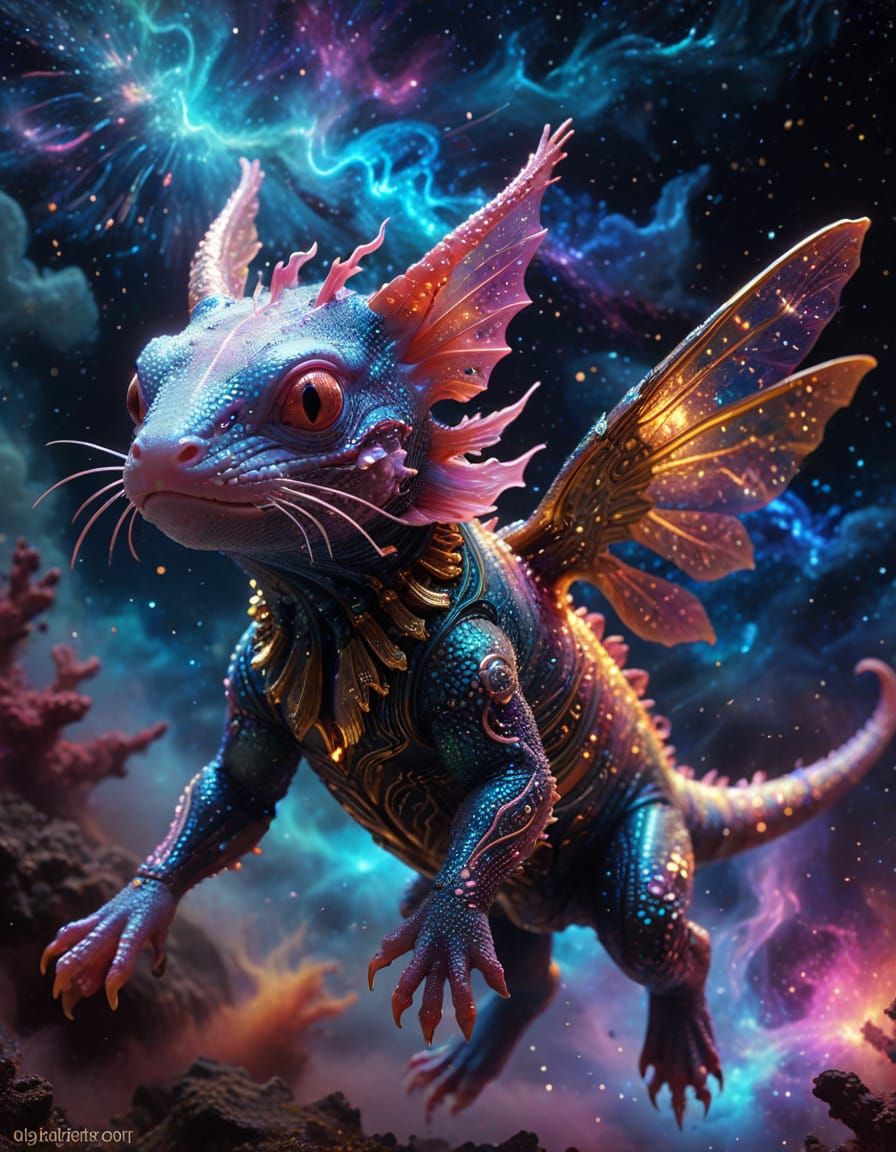 Clockwork Axolotl Soars Through Vibrant Nebula in Psychedeli...