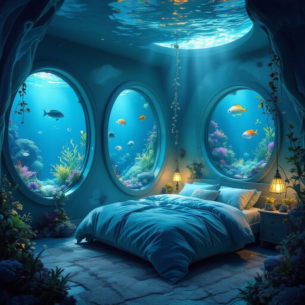 Underwater Bedroom with Sea Life Views in Dreamy Style