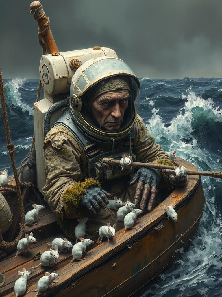 A very old astronaut crying in a boat full of mice of the rough ocean. Very rough sea waves close to the boat. Ivan Aiva...
