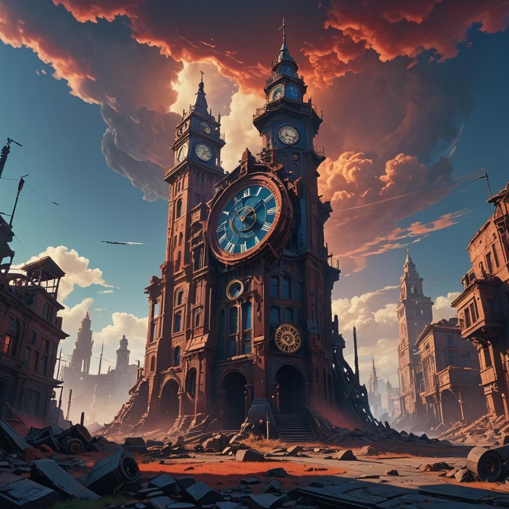 Mystical Clock Tower in Ruined City: Digital Matte Painting