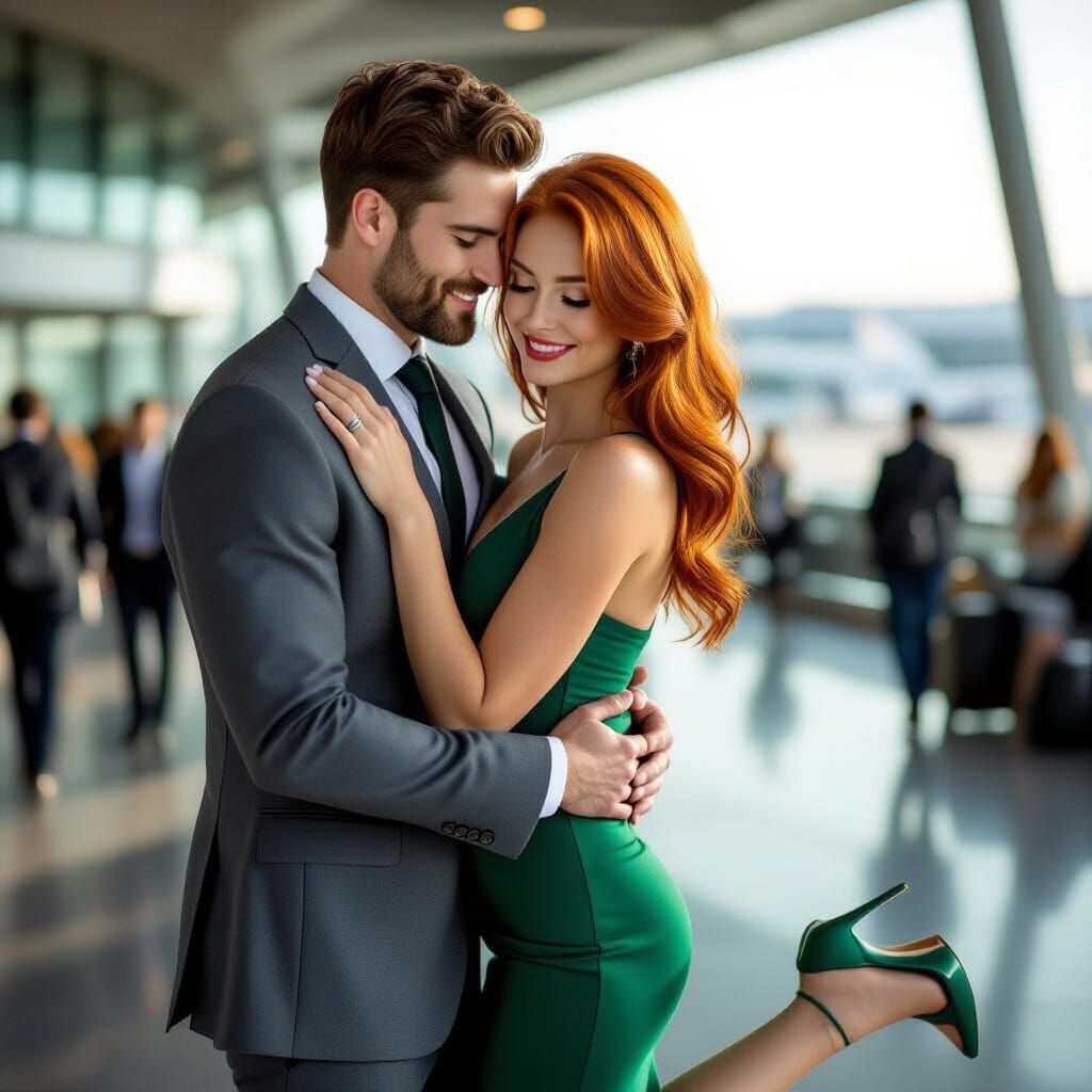 Man in Suit Hugs Woman in Green Dress at Airport
