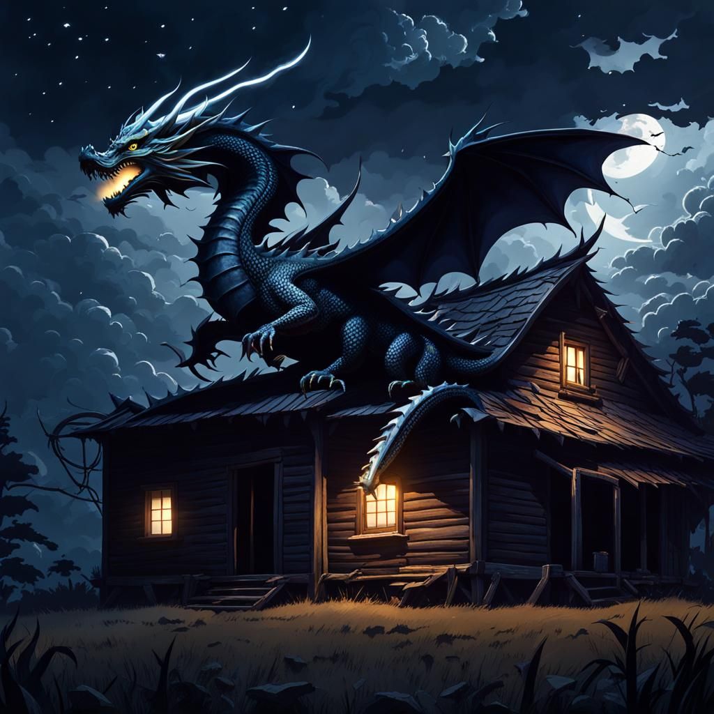 Night Dragon Flying Over Farmhouse