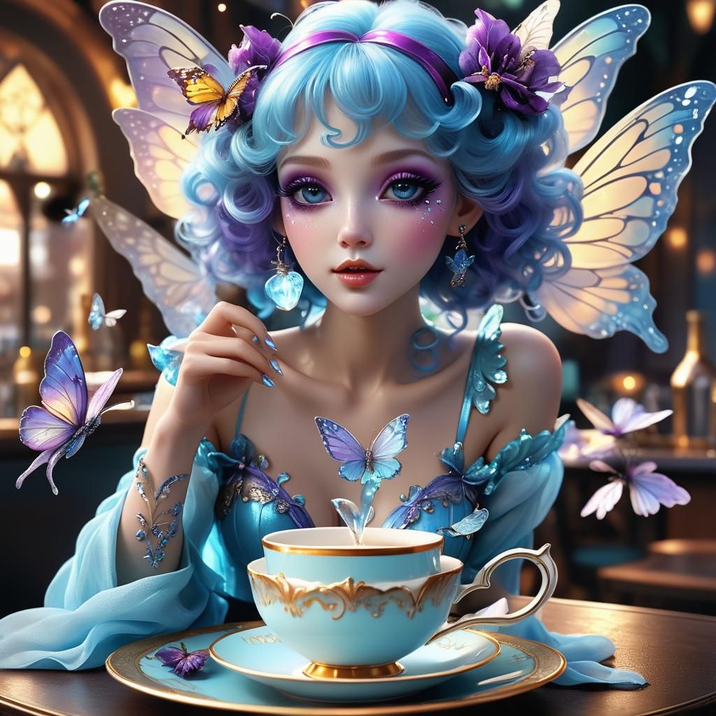 Butterfly Fairy with Teacup, Fantasy Concept Art