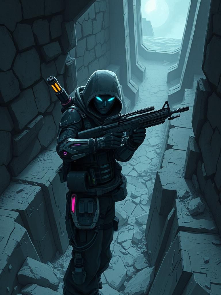 Cyberpunk Assassin in Abandoned Stronghold