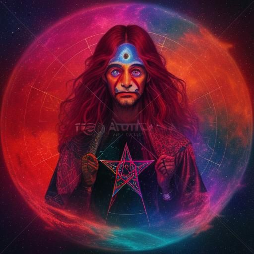 Pentacle in Red Sky: Holographic Astral Illustration