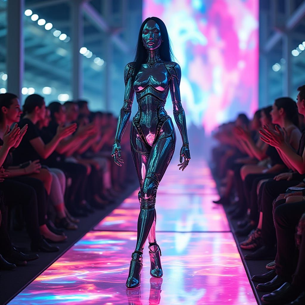 Cyberpunk Fashion Illustration of a Futuristic Robot on a Ne...