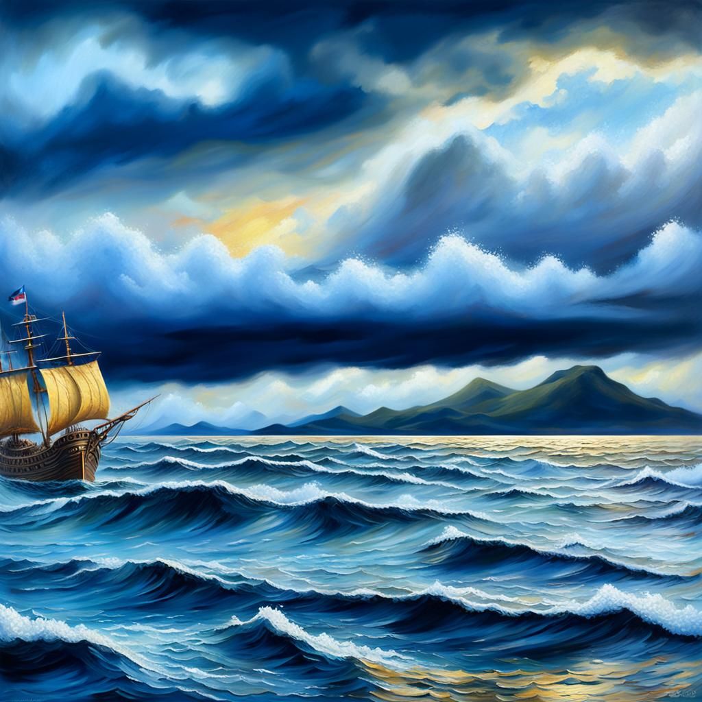 Pirate Ship on High Seas: Vintage Oil Painting