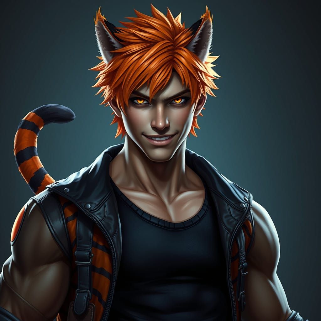 Tiger-Human Hybrid Warrior in Orange Hair and Striped Tail