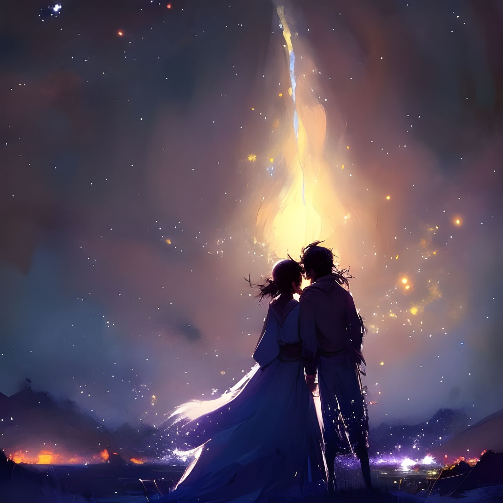 Lovers Embrace Under Starry Night Sky