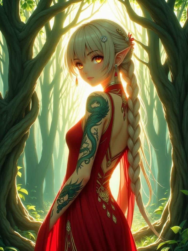 A stunning, Anime fantasy elf woman with pale skin, long braided platinum-blonde hair, and pointed ears, wearing a flowi...