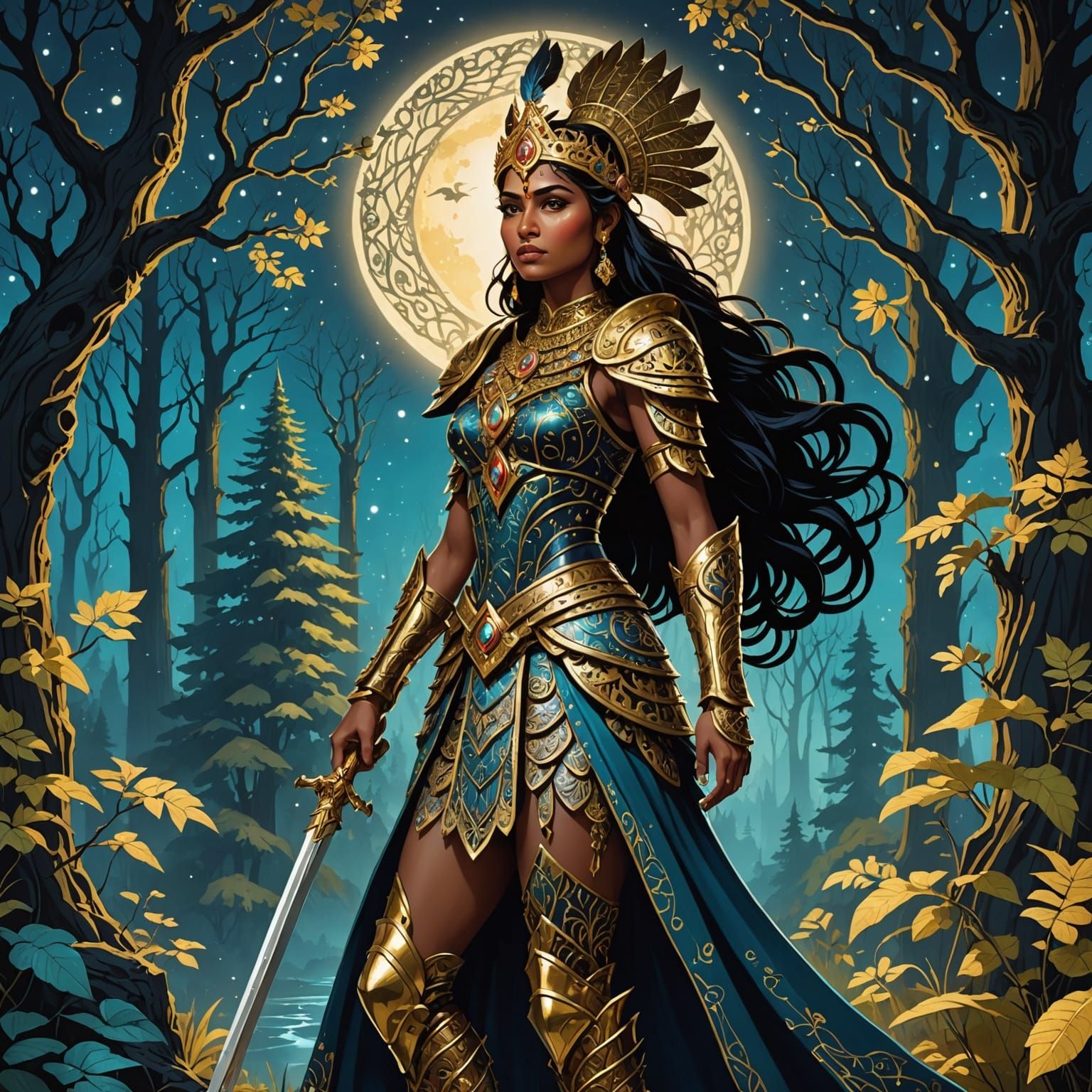 Indian Princess Warrior in Dreamlike Forest