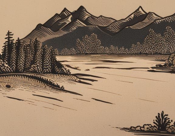 Woodblock Print of Tranquil Natural Landscape