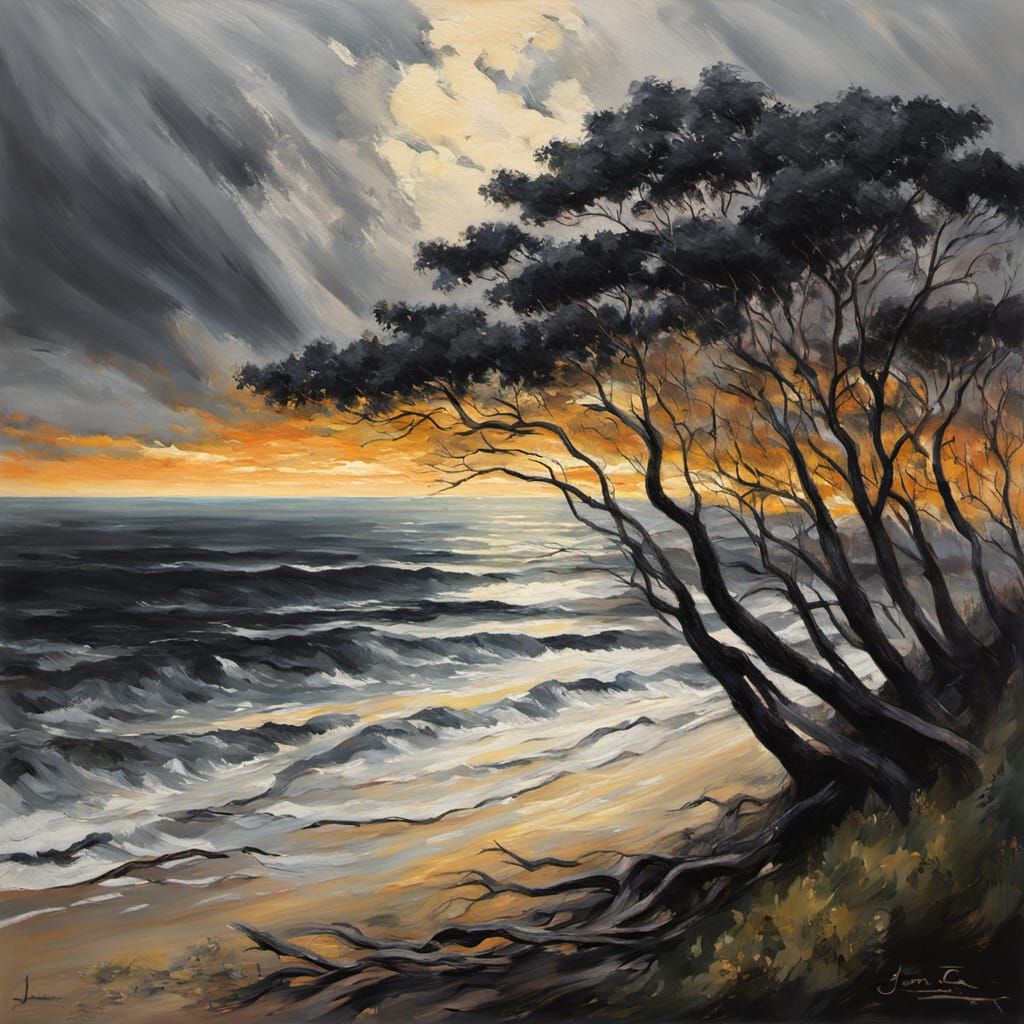 Dramatic Impressionist Trees Near Sea at Sunset
