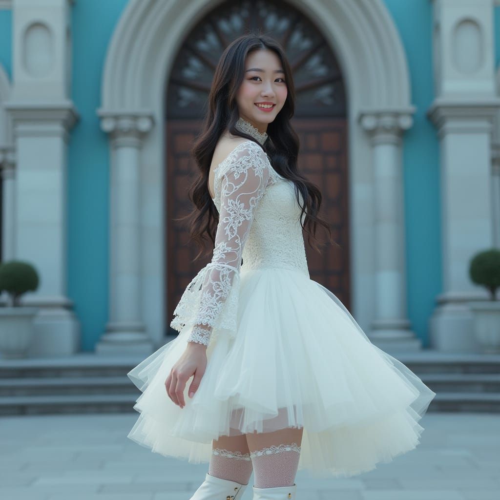 Korean Author in Victorian Dress Poses by Ethereal Cathedral