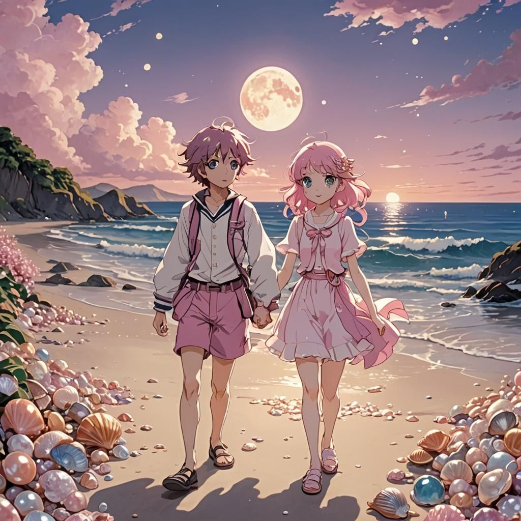 Anime Girl and Boy on Moonlit Beach in 3D