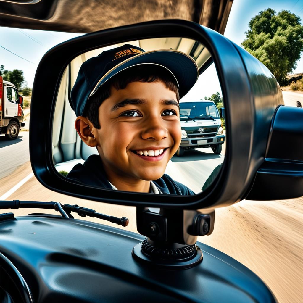 School Truck Mirror Reflection: Smiling Boy, Hyperrealistic