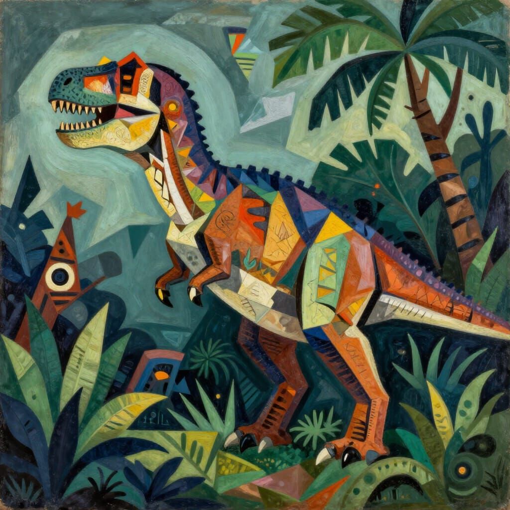 Picasso Style Dinosaurs in Vibrant Jungle