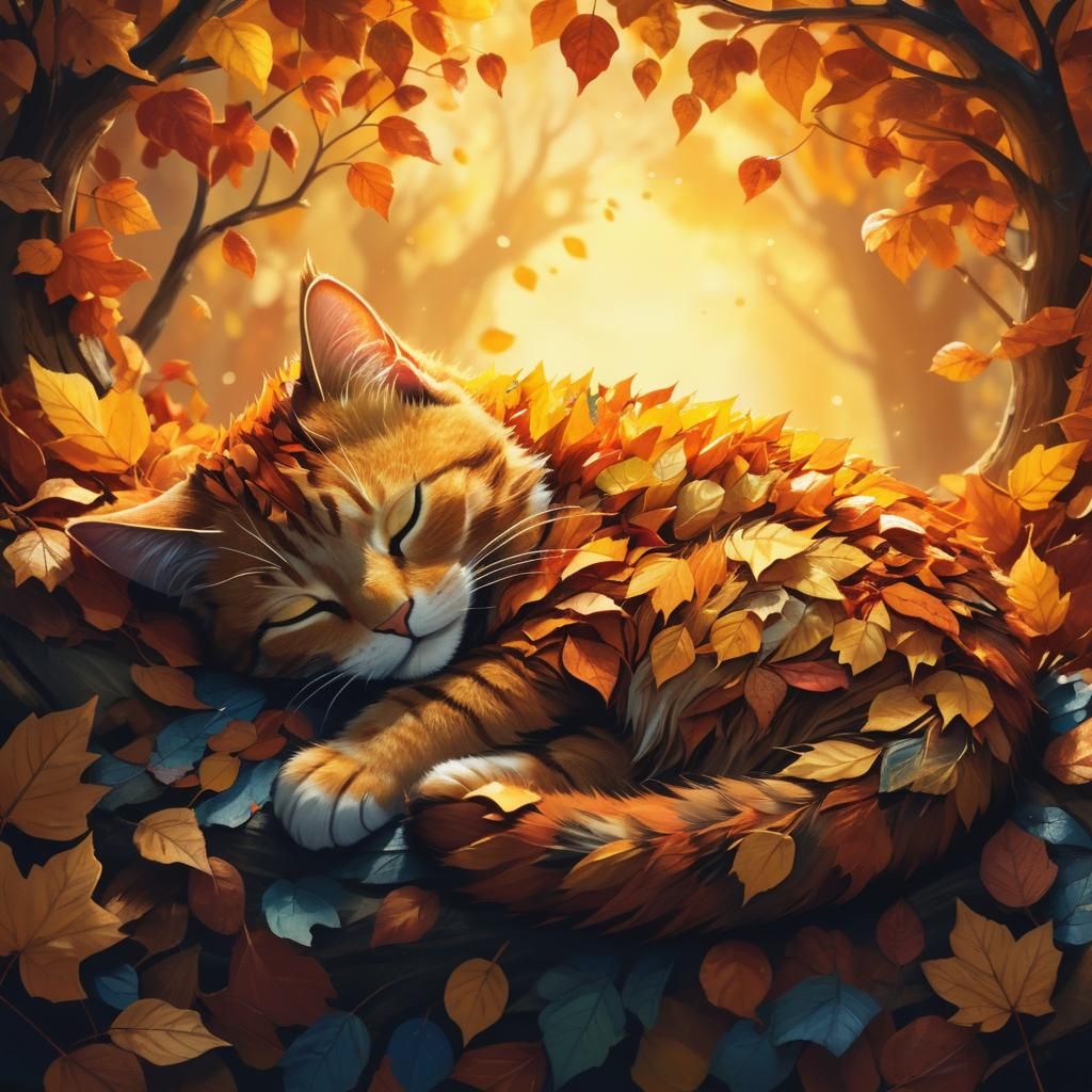 Autumnal Cat Made of Leaves: Fantasy Art
