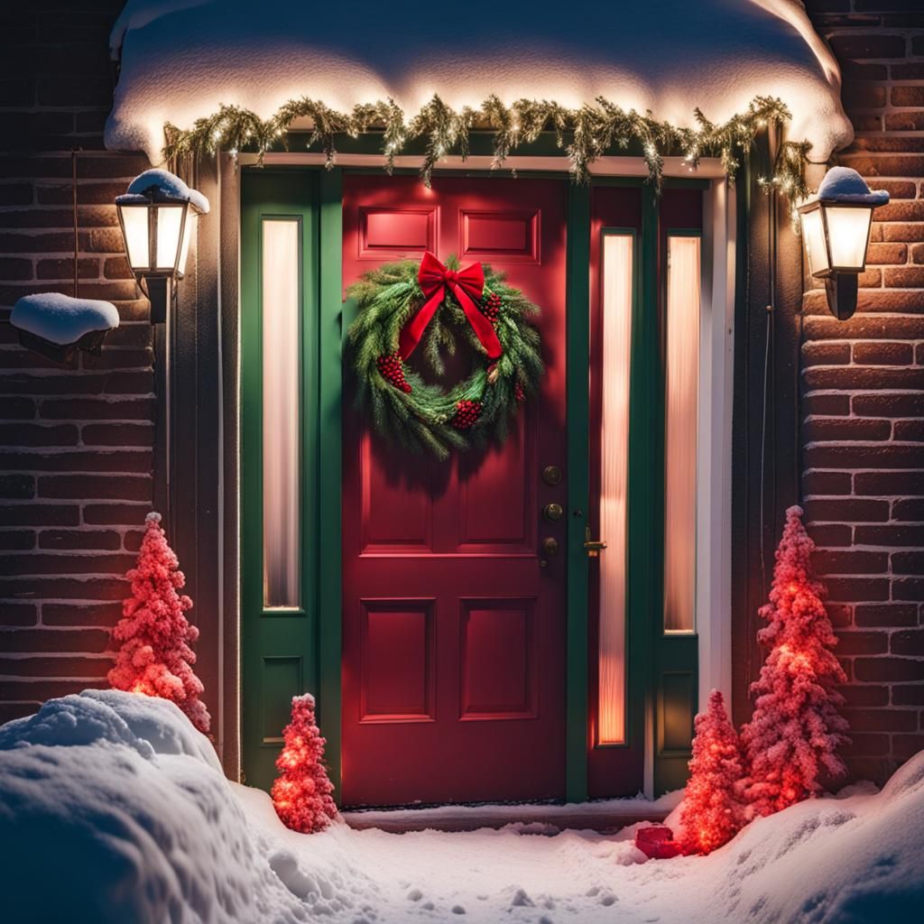 Festive Christmas Door with Holiday Wreath in Snow