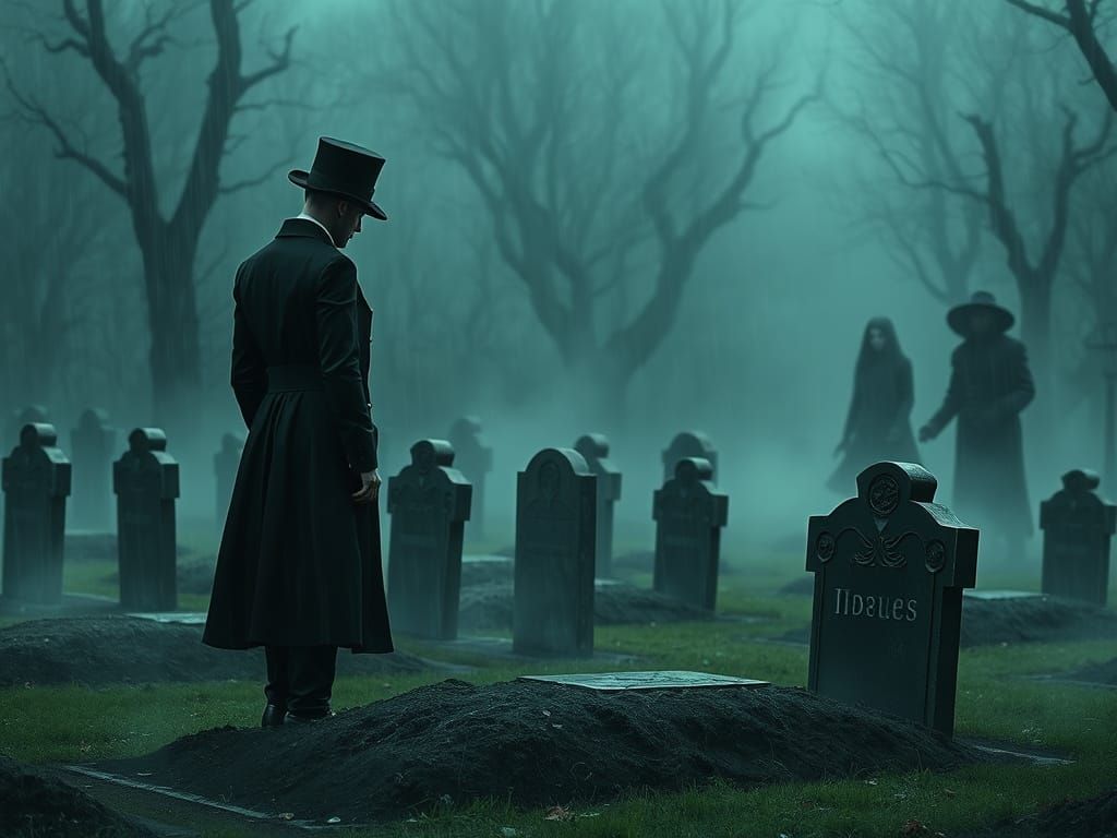 Gothic Figures Mourning in Gloomy Graveyard