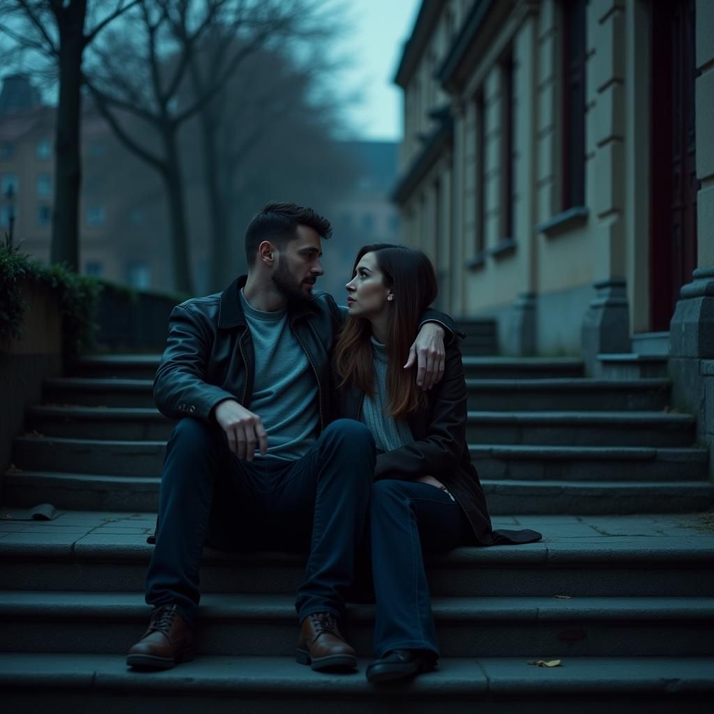 Contemplative Couple on Stone Steps in Evening Light