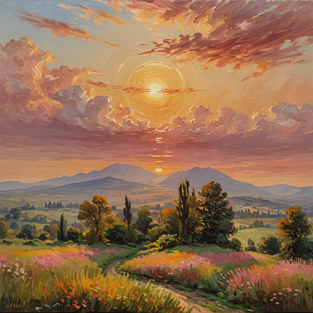 Golden Sunrise Landscape as Impressionist Oil Painting