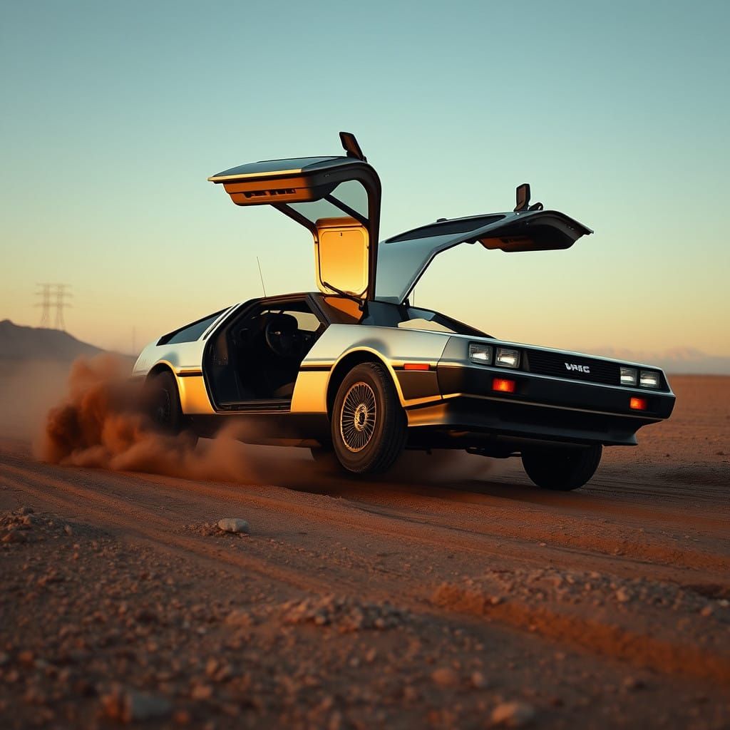 Sleek DeLorean Defies Gravity on a Desolate Terrain in Cyber...