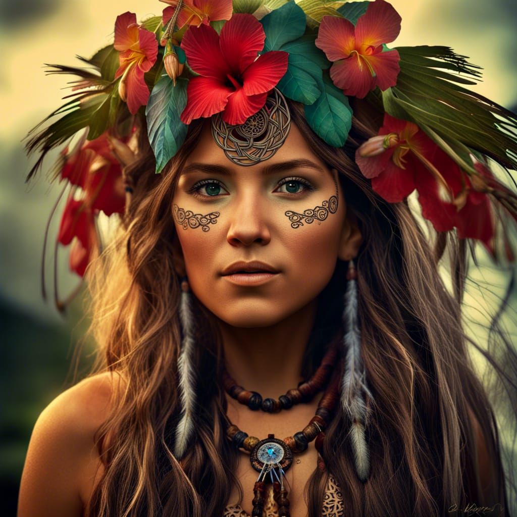 Celtic Fairy with Dreamcatchers and Hibiscus Flowers
