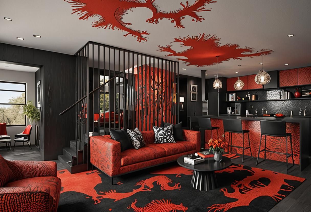 Lizard-Inspired Living Room with Fiery Red Accents