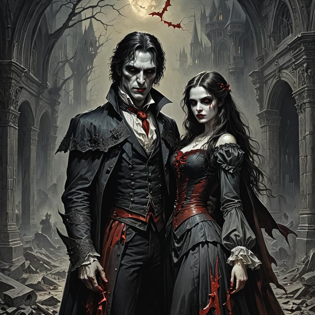 Handsome Vampires with Blood in Gothic Horror Style