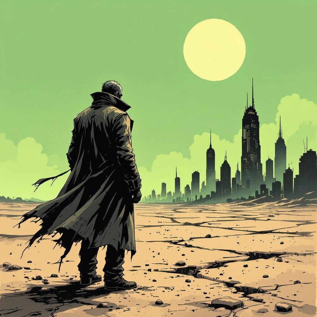 Dystopian Survivor on Desolate Plain in E.C. Comics Style