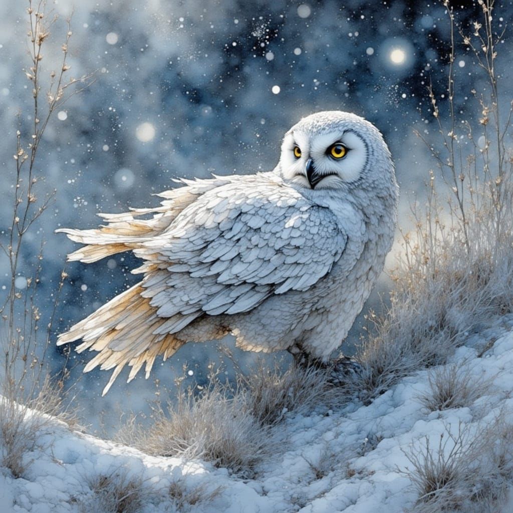 White Owl on Snowy Hillside in 3D Style