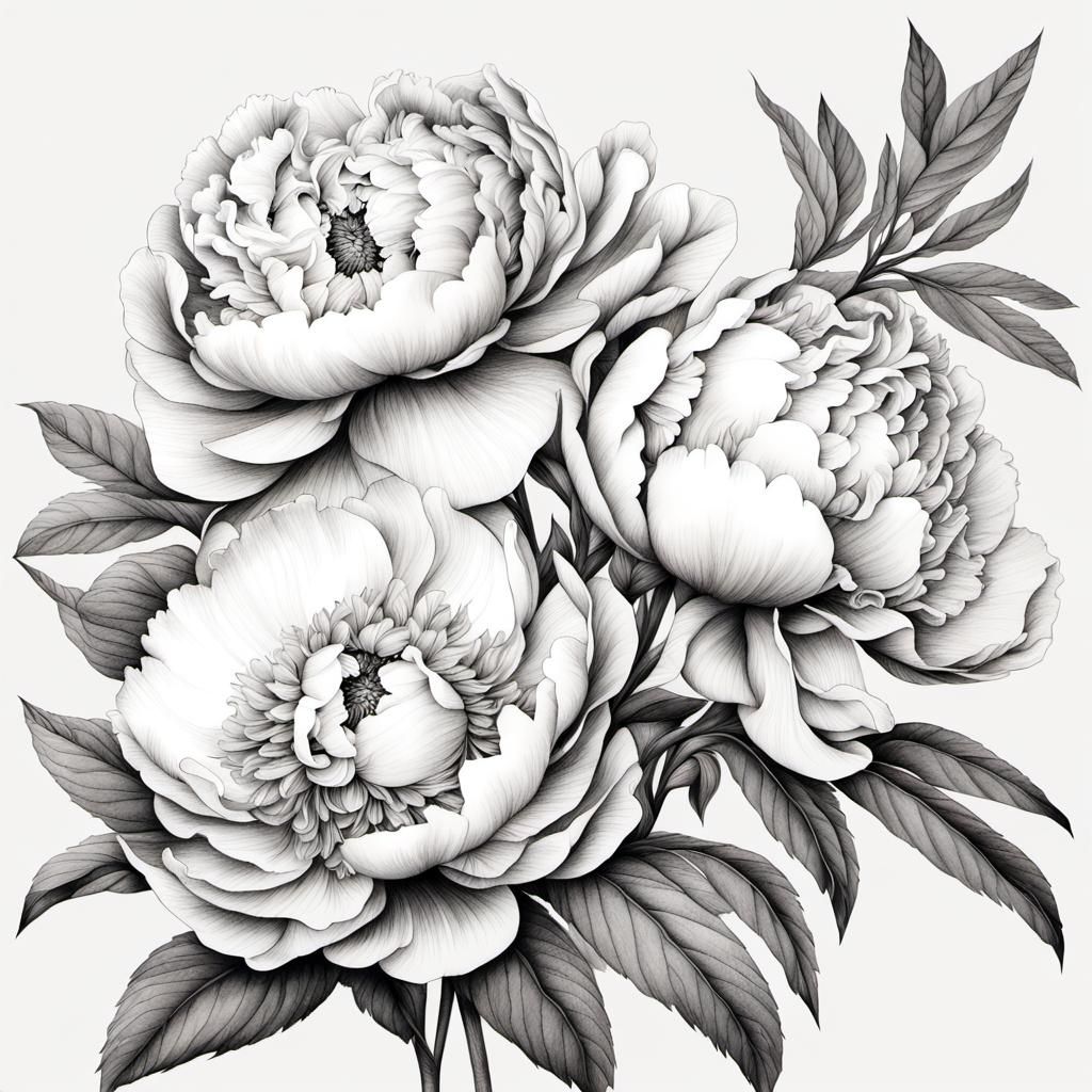 Detailed Monochrome Line Drawing of Peonies