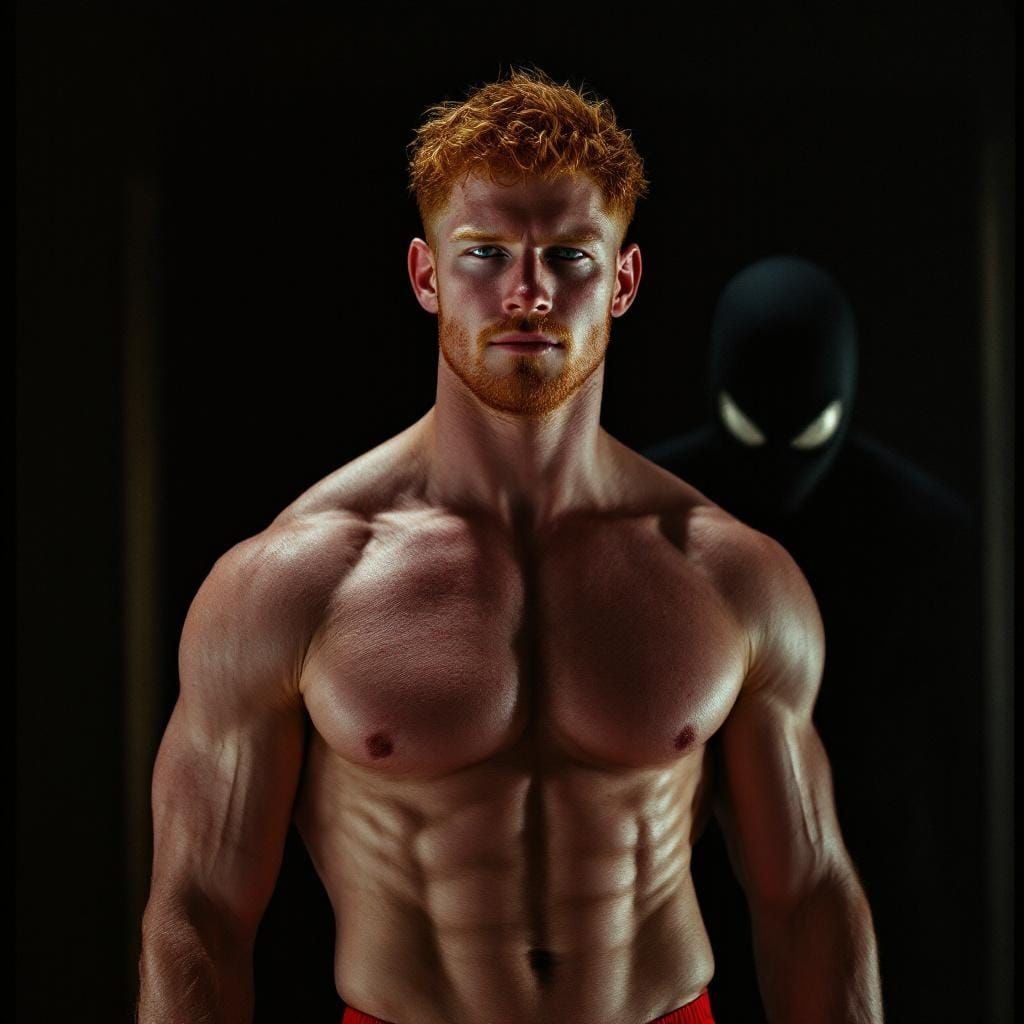 Ginger Man in Red Speedo with Shadowy Figure