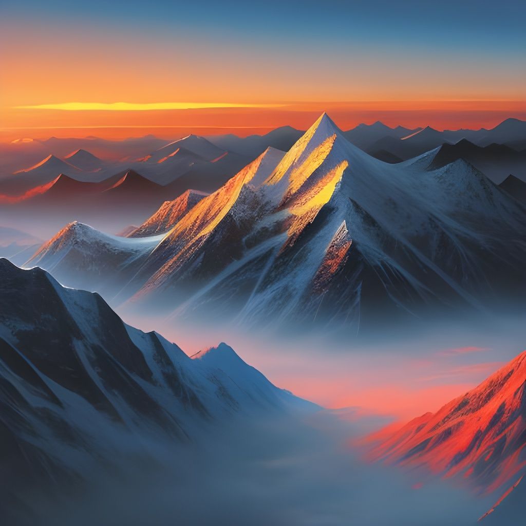 Stylized Mountain Range Painting at Sunrise