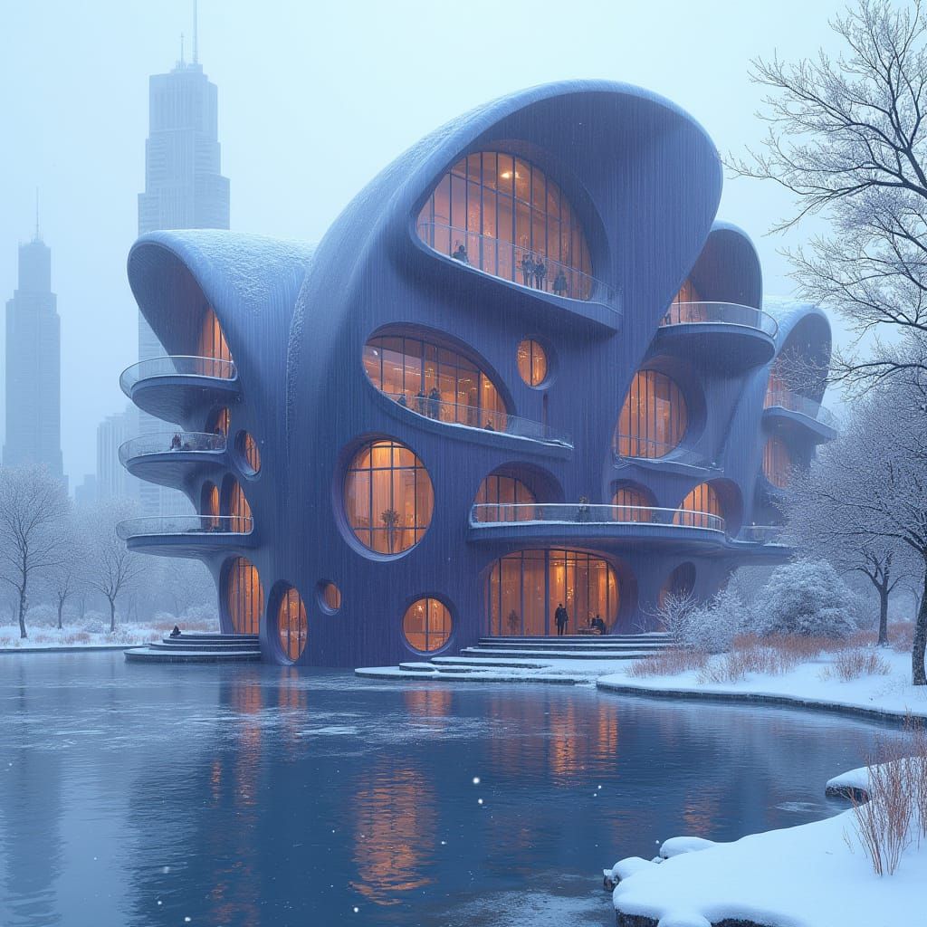 Surreal Futuristic Skyscraper Rises from Frozen Lake in Wint...