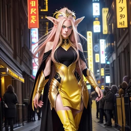 Hyperrealistic Elven Woman in Yellow Outfit