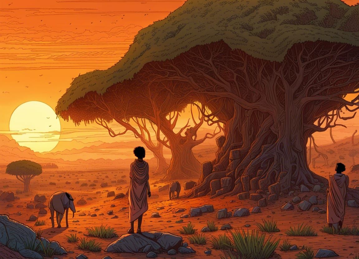 Ethiopian Savannah Morning in Comic Book Style