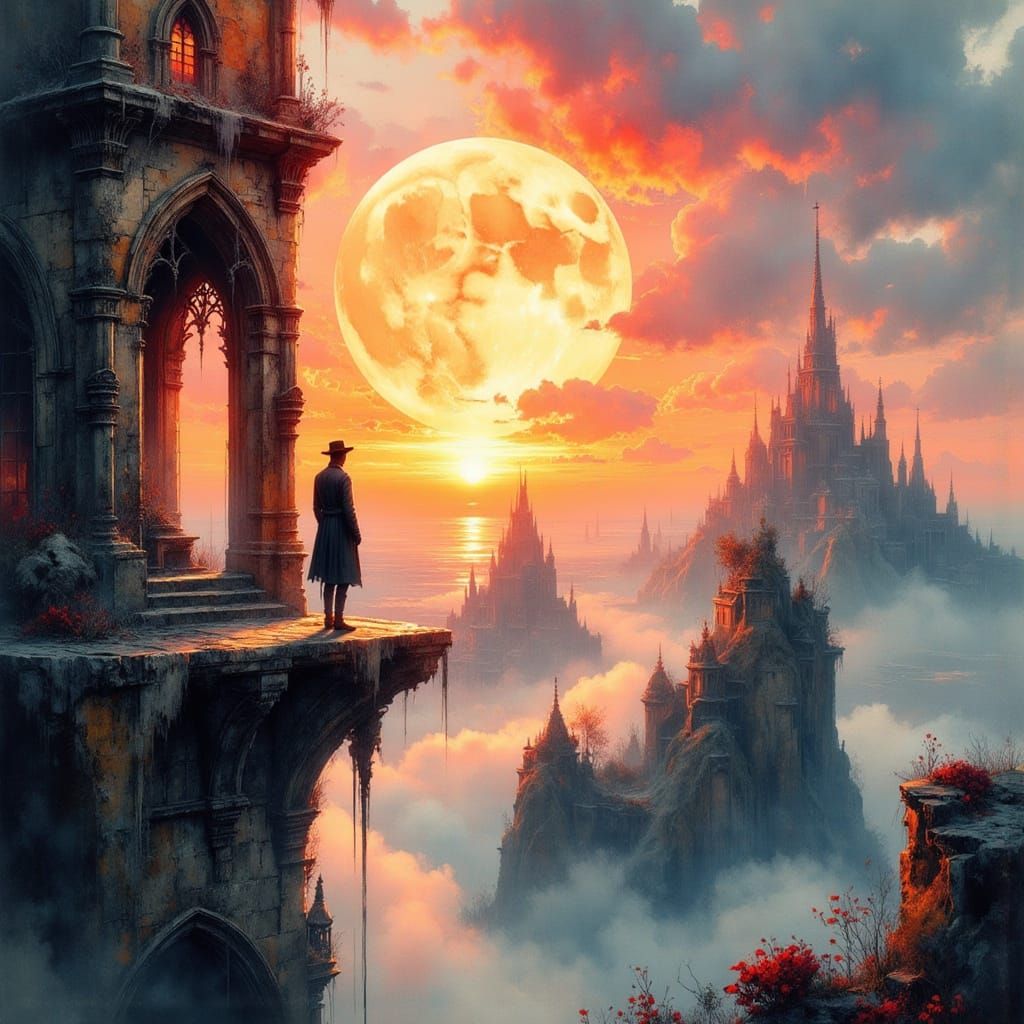 Neo-Gothic Tower Sunset with Floating Islands