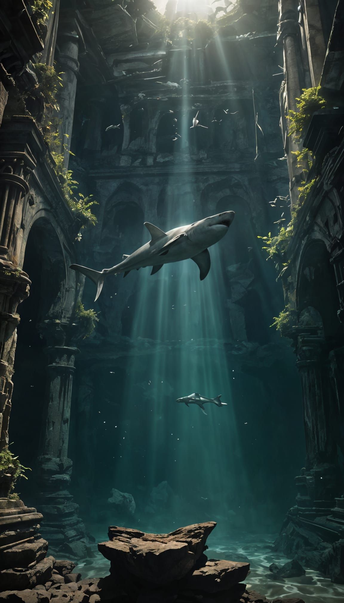 Epic Albino Hammerhead Shark in the Sunlit Ocean Abyss