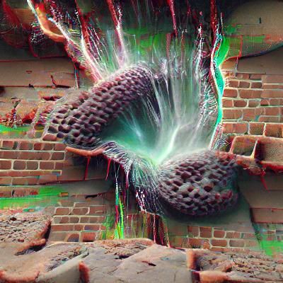 Surreal 3D Alien Anatomy Bursting Through Brick Wall