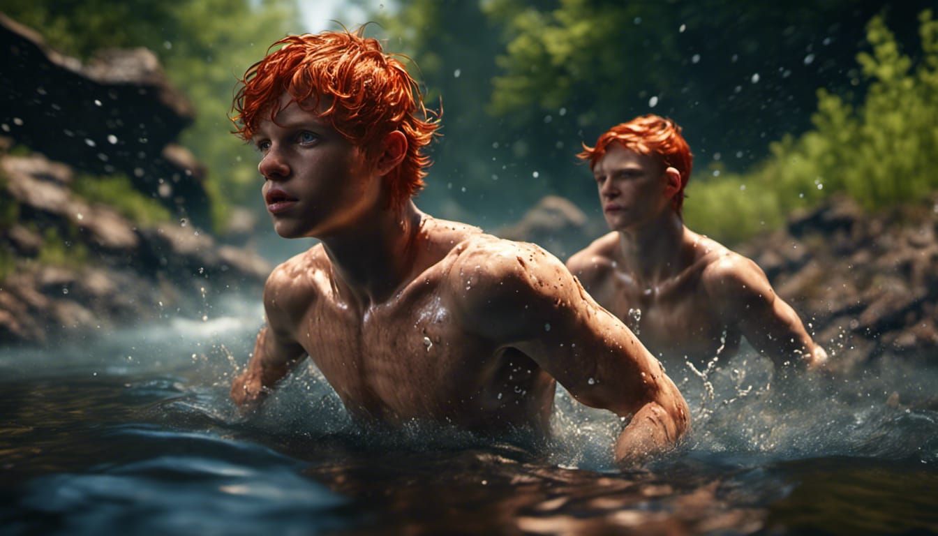 Muscular Teens Swim in Creek: 8K Unreal Engine