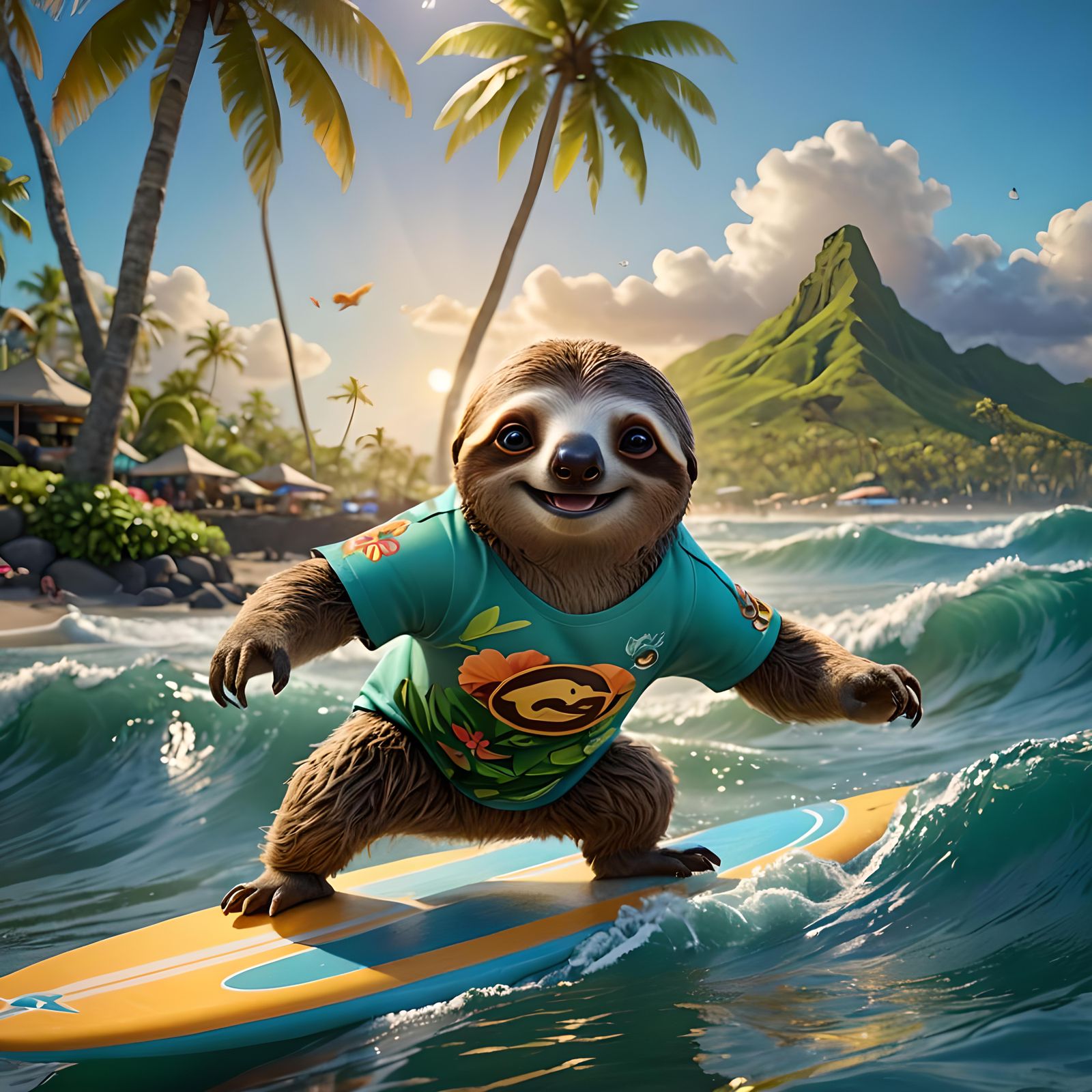 A Happy Sloth On a Surfboard.