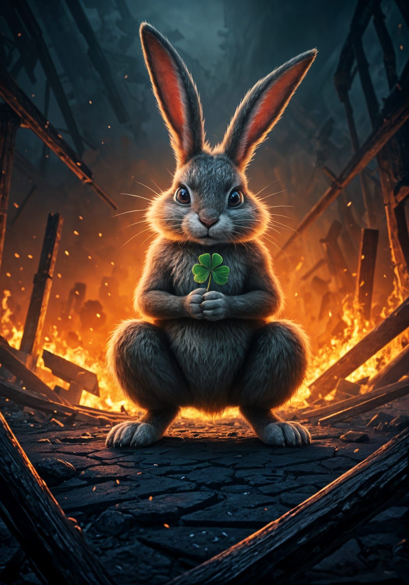 Terrified Rabbit in Burning Building: Fantasy Art