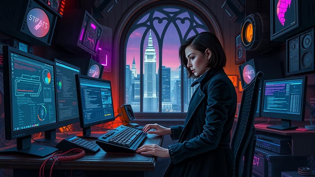 Futuristic Gothic Room with Woman at Desk