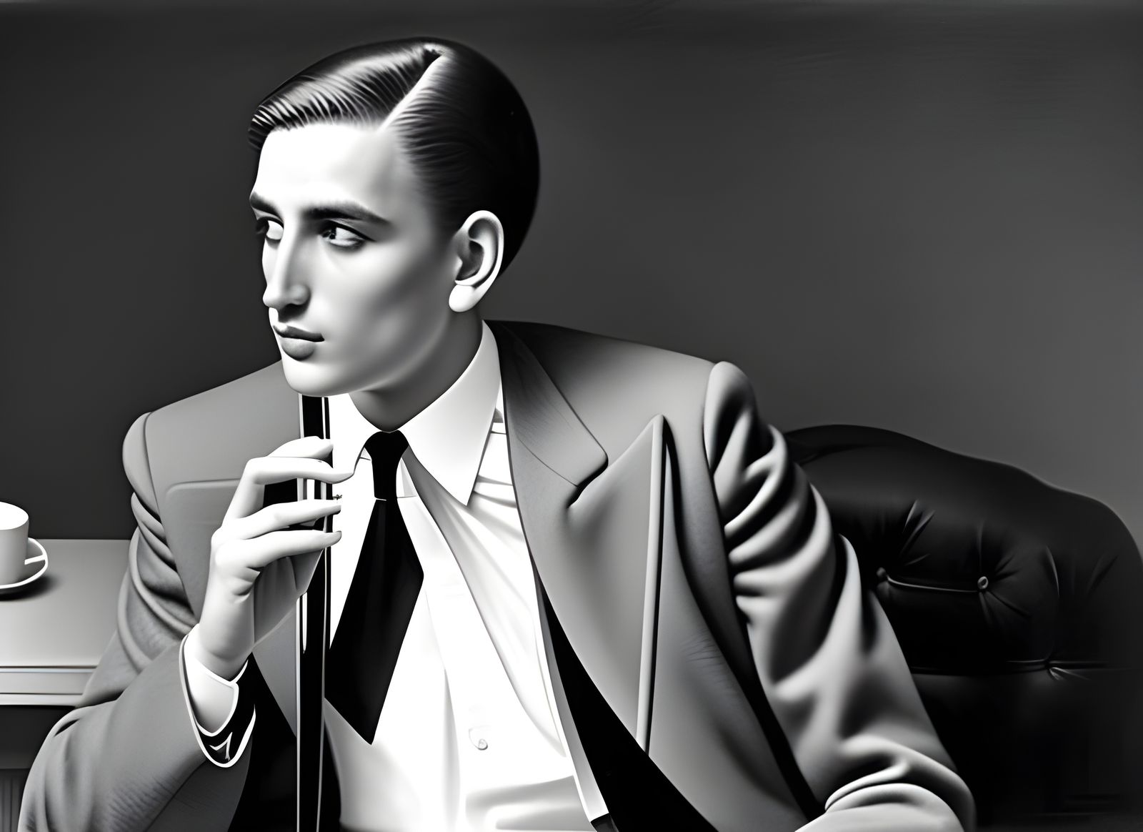 Beautiful Man Having Tea in Cafe: Photorealistic Portrait