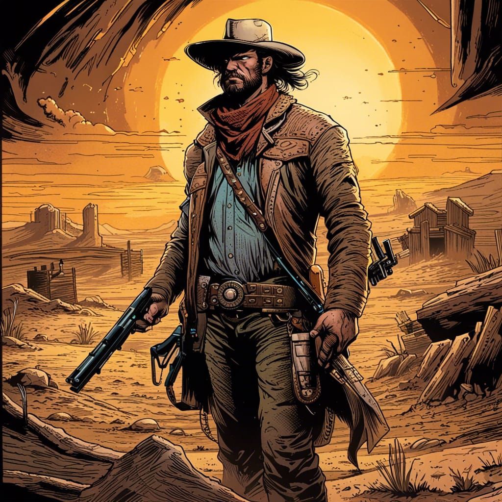 Cowboy Prepares for Battle in Comic Book Art