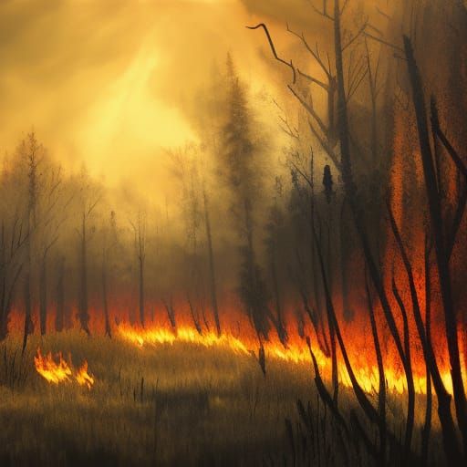 Eerie Fire in Haunted Woods: Stylized Art Deco Painting