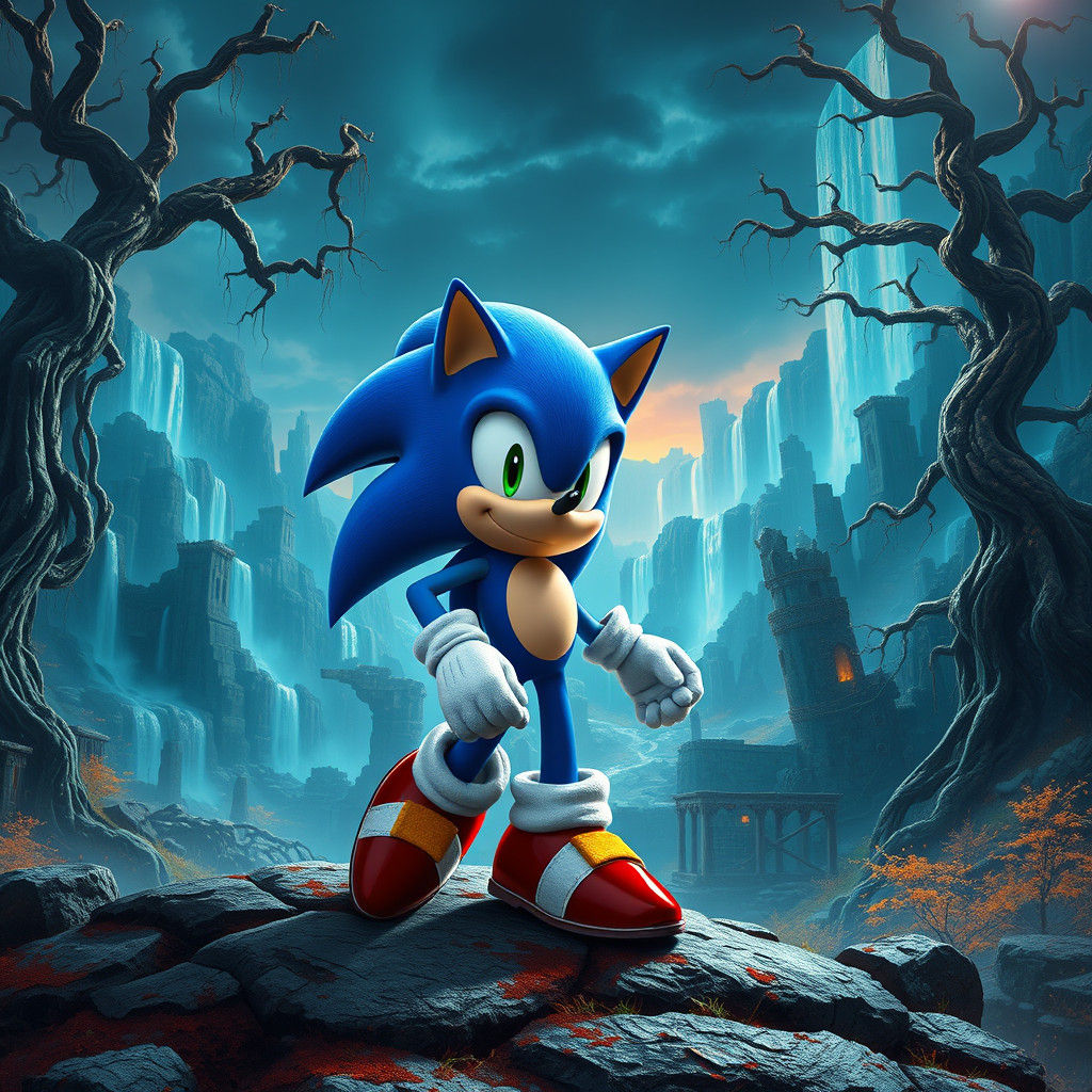 Sonic the Hedgehog in Mystical Landscape