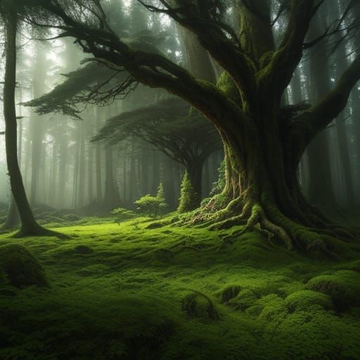 Ancient Tree in a Whimsical, Misty Forest, in a Dreamy, Roma...